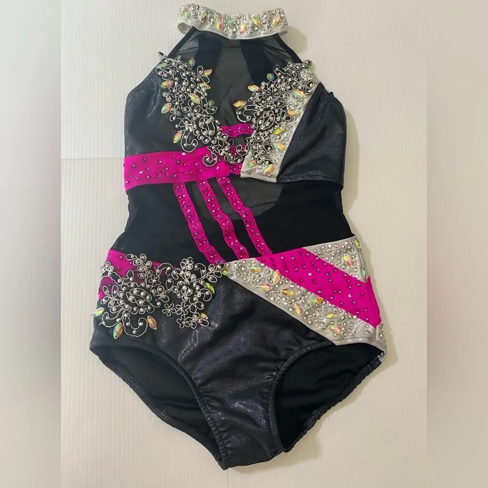 Glamour competition, solo dance costume hot pink black sassy jazz bling LC child
